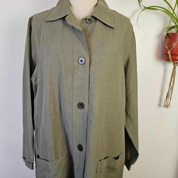 Linen Long‎ Trench Jacket M Olive Green Button Front Lagenlook - Picture 2 of 10